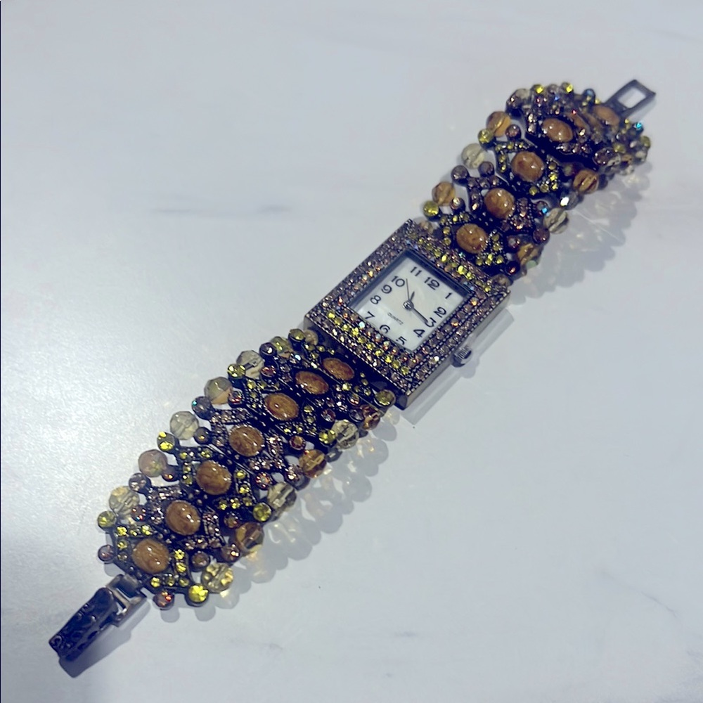 New Elegant Bejeweled Watch with Yellow and Brown Accents